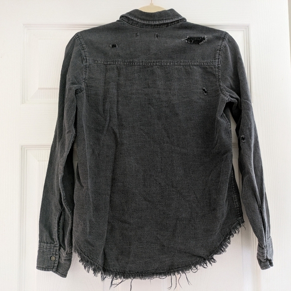 Hollister Black Button Up Long Sleeve Collared Denim Over Shirt Distressed XS - Picture 2 of 8
